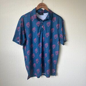 Yatta Shirt Mens Medium Blue Cactus Print Short Sleeve Quick Dry Golf Polo M